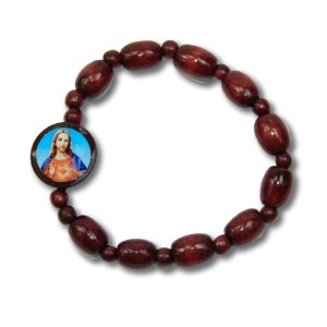 PU760230 - Pulseira Sagrado Coração de Jesus e Imaculado Coração de Maria Madeira - 8x1,6cm