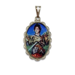 MD128068 - Medalha Santa Joana D'Arc Rendada Níquel - 4,1x2,6cm