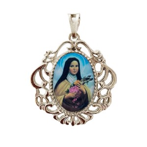 MD129076 - Medalha Santa Terezinha das Rosas Camafeu Níquel - 4,5x4cm