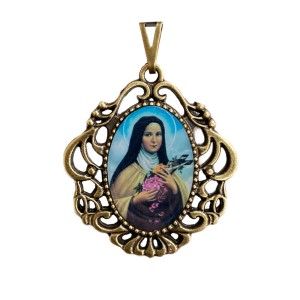 MD129221 - Medalha Santa Terezinha das Rosas Camafeu Ouro Velho - 4,5x4cm