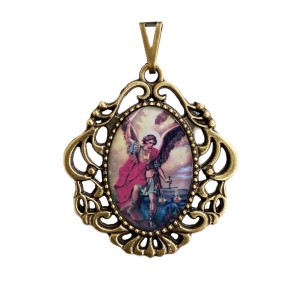 MD129904 - Medalha São Miguel Arcanjo Camafeu Ouro Velho - 4,5x4cm