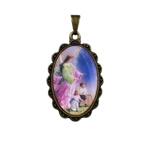 MD128910 - Medalha Anjo da Guarda Rendada Ouro Velho - 4,2x2,5cm