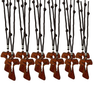 CC1484000P12 - Cordão c/ Tau de Madeira Vazado c/ Cristo c/12un. - 42CM