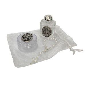 KT112275 - Kit Primeira Eucaristia c/ Caixinha de Acrílico, Dezena e Garrafa de Água Benta - 10ml