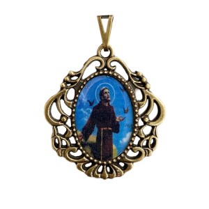 MD129631 - Medalha São Francisco de Assis Camafeu Ouro Velho - 4,5x4cm