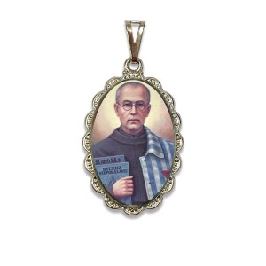 MD128600 - Medalha São Maximiliano Maria Kolbe Rendada Níquel - 4,2x2,5cm
