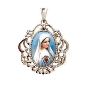 MD129002 - Medalha Imaculado Coração de Maria Camafeu Níquel - 5x4,2cm