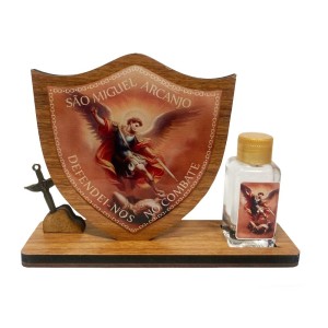 QD1987000 - Adorno de Mesa Escudo São Miguel Arcanjo c/ Porta Água Benta - 12x16,5cm