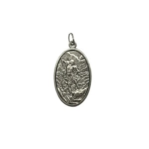 MD1190180 - Medalha São Miguel Arcanjo Italiana Oval Dupla Grande Prateada - 4,5x2,6cm