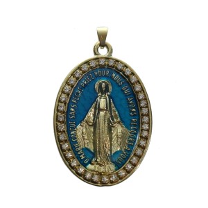 MD520144 - Medalha N. Sra. Das Graças Resinada Azul c/ Strass - 5,5x3,5cm